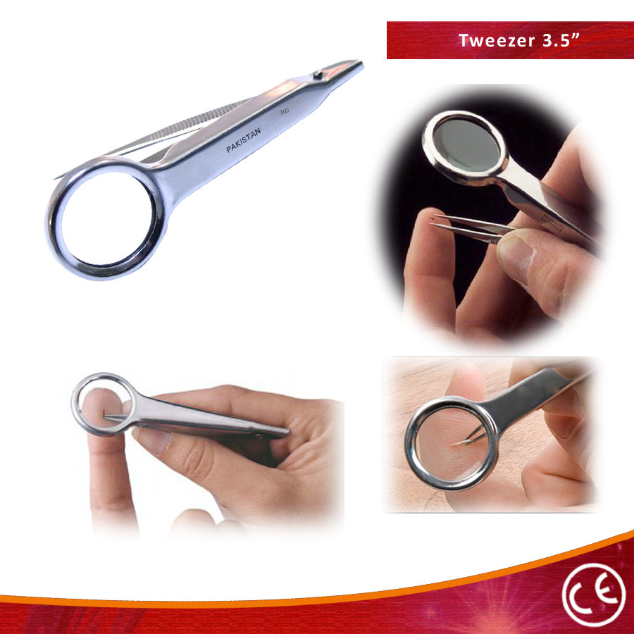 3.5" New Fine Point Tweezer With Magnifying Glass Stainless Steel