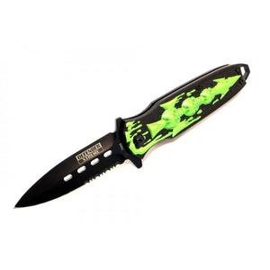 7.5" Defender Extreme Spring Assisted Skull Design Knife with Serrated Stainless Steel Blade - Green