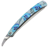 Defender-Xtreme 10" Straight Razor Blue Roses Folding Knife 3CR13 Stainless