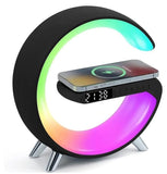4 in 1 Black Wireless Charger Night Light Lamp| Bluetooth Speaker Alarm Clock| 15W Fast Charging for iPhone Samsung Qi-Enabled Phones| Ambient Atmosphere Lighting for Bedside Doom Office
