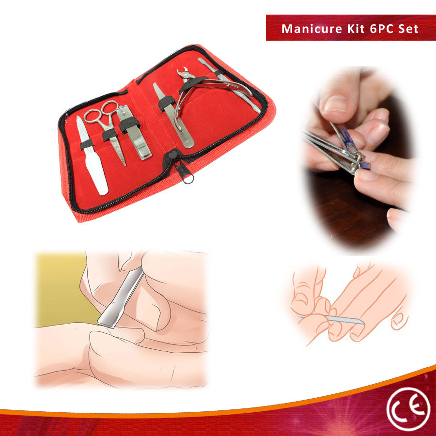 6pc Manicure Set with Pouch Stainless Steel Red Case