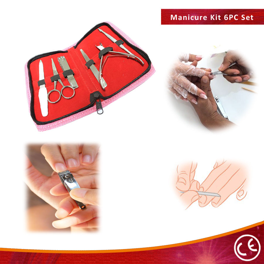 6pc Manicure Set with Pouch Stainless Steel Pink Case