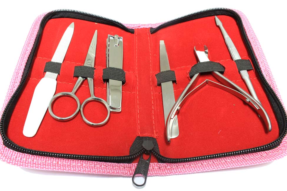 6pc Manicure Set with Pouch Stainless Steel Pink Case