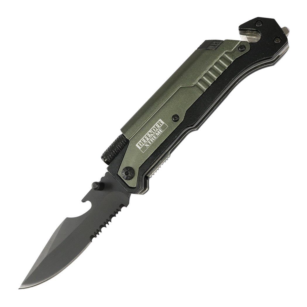 Defender-Xtreme 8.5" Multi Function Folding Knife Olive Green Color Handle