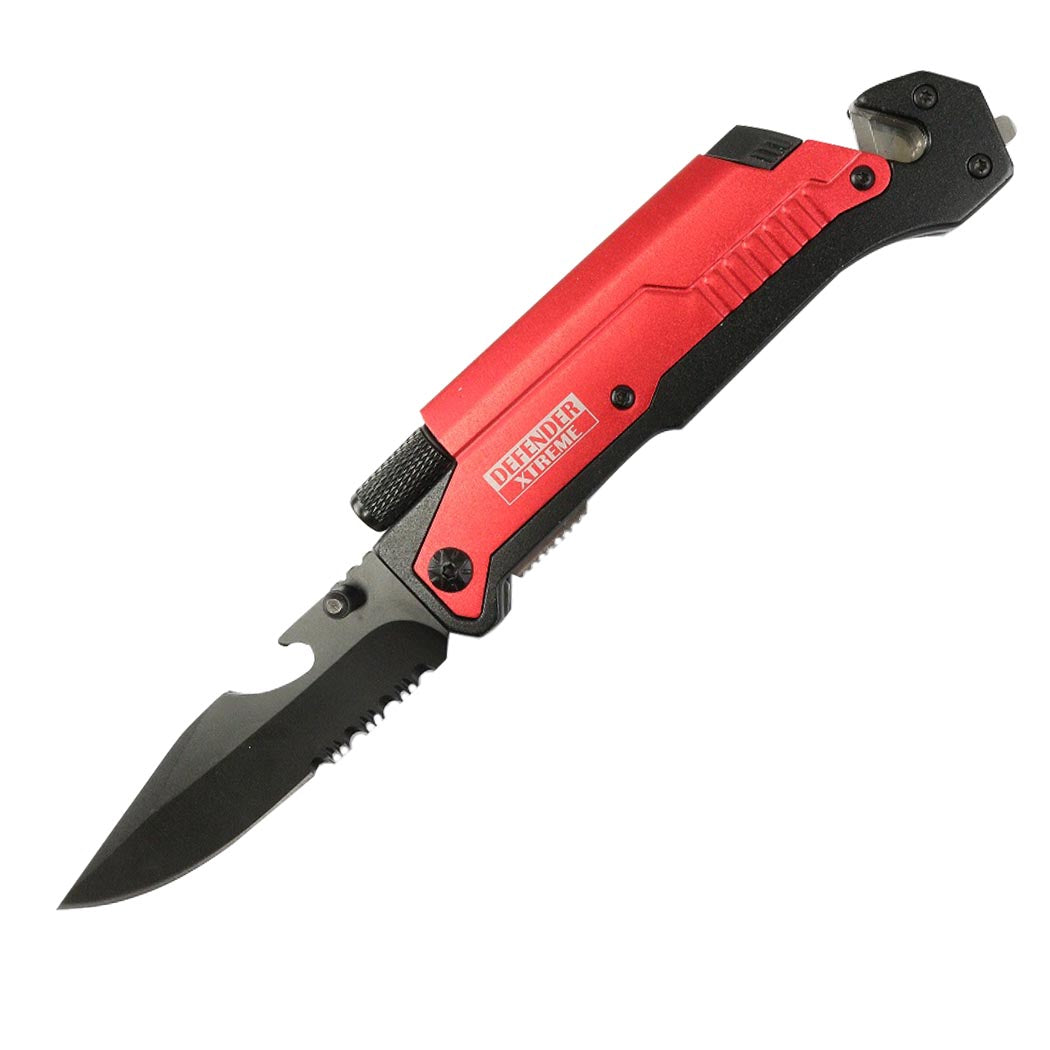 Defender-Xtreme 8.5" Multi Function Folding Knife Red Color Handle