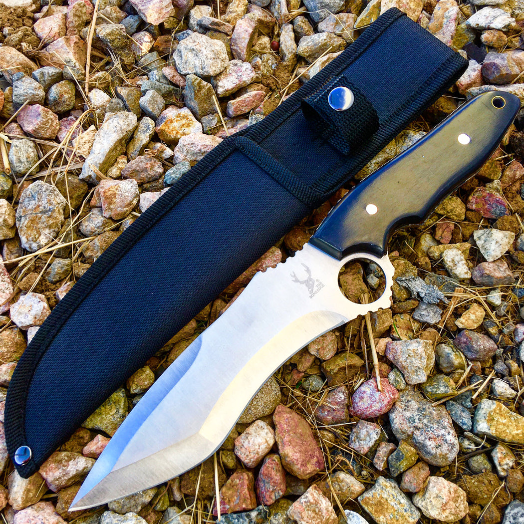 TheBoneEdge 11" Black Wood Handle Hunting Knife with Sheath Stainless 3CR13 Steel