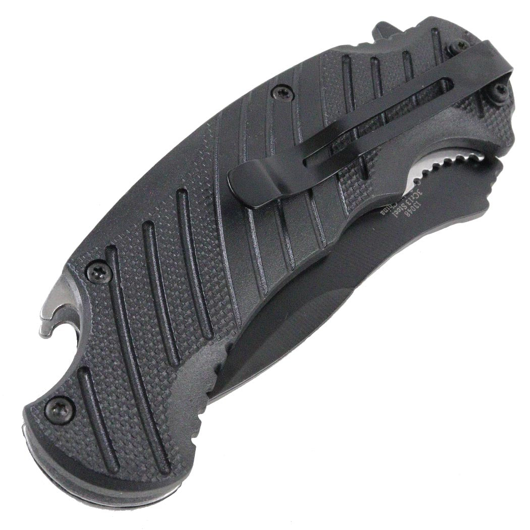 Defender-Xtreme 7" Spring Assisted Knives Ridged Blade Belt Clip & Belt Cutter