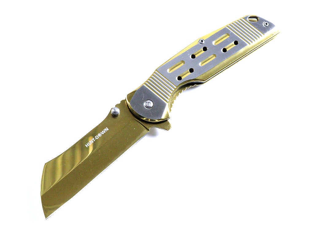 Hunt Down 8.75" Gold Color Razor Style Blade Spring Assist Folding Knife 3CR13