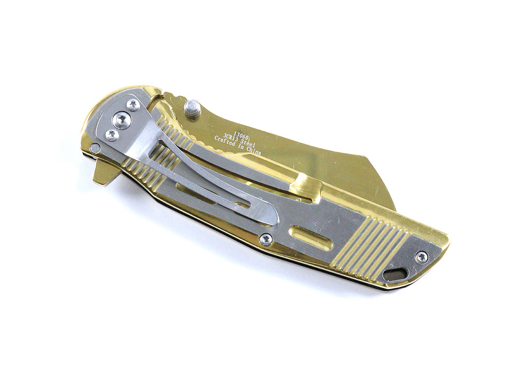 Hunt Down 8.75" Gold Color Razor Style Blade Spring Assist Folding Knife 3CR13