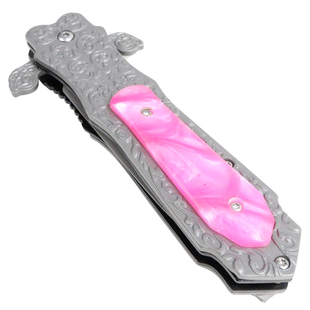 TheBoneEdge 8.5" Medieval Style Spring Assisted Folding Knife Pink Pearl Color