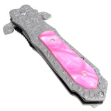 TheBoneEdge 8.5" Medieval Style Spring Assisted Folding Knife Pink Pearl Color