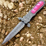 TheBoneEdge 8.5" Medieval Style Spring Assisted Folding Knife Pink Pearl Color