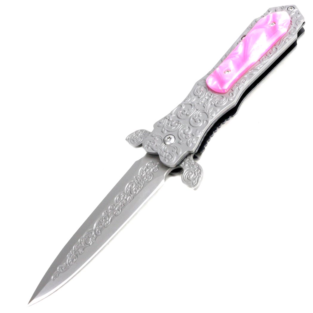 TheBoneEdge 8.5" Medieval Style Spring Assisted Folding Knife Pink Pearl Color