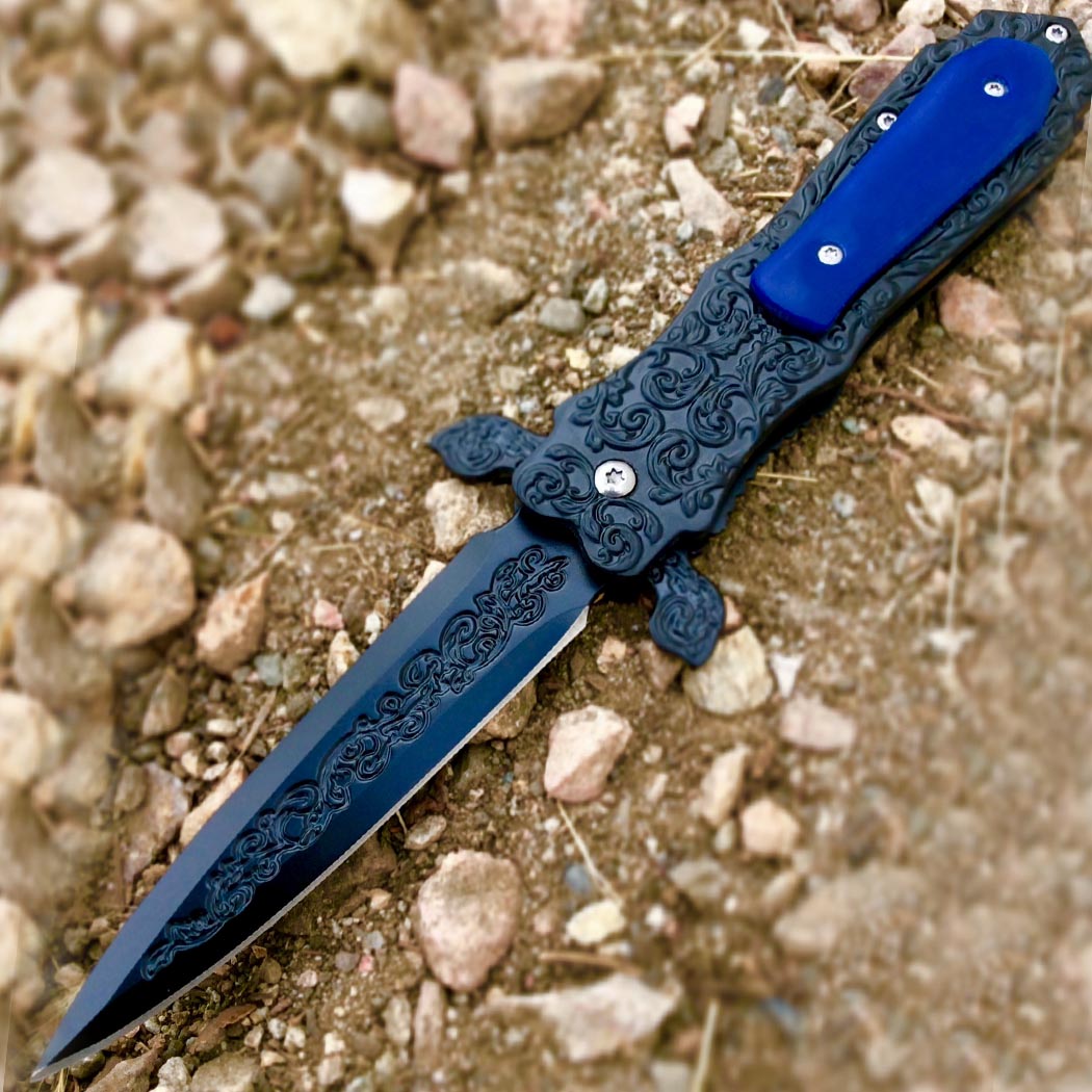 TheBoneEdge 8.5" Blue Pearl Color Medieval Style Spring Assisted Folding Knife