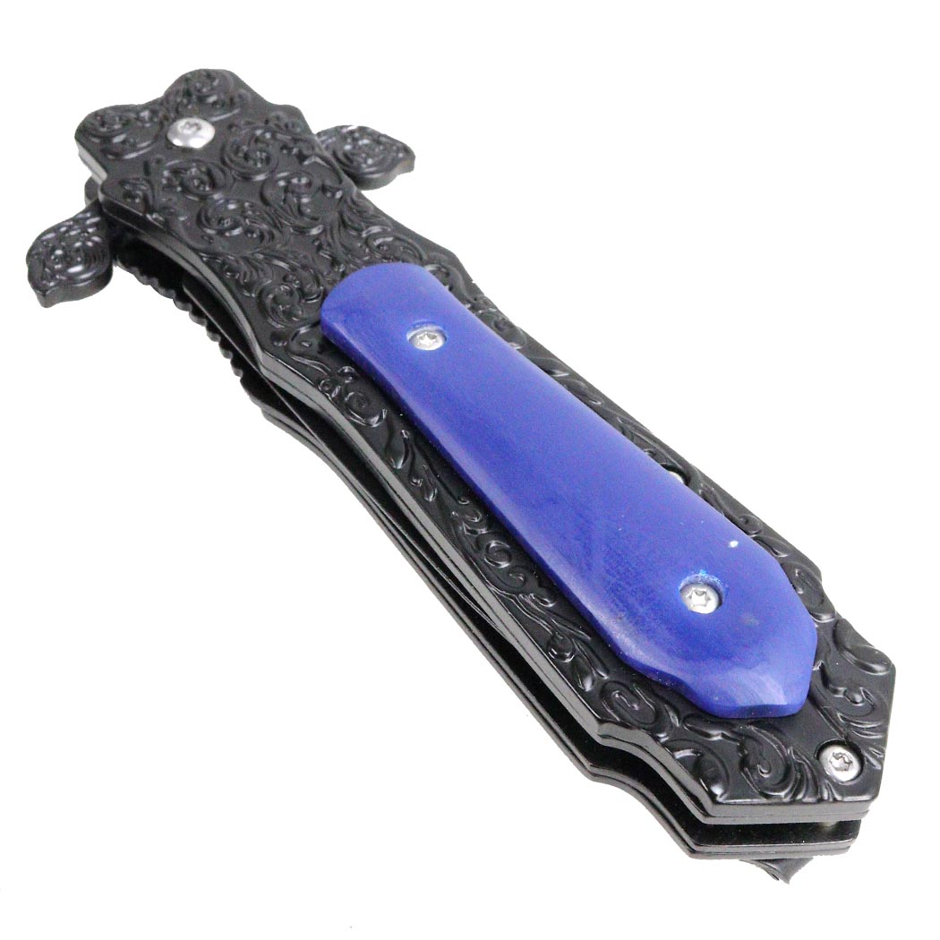 TheBoneEdge 8.5" Blue Pearl Color Medieval Style Spring Assisted Folding Knife