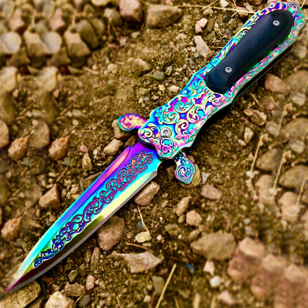 TheBoneEdge 8.5" Rainbow Color Medieval Style Spring Assisted Folding Knife