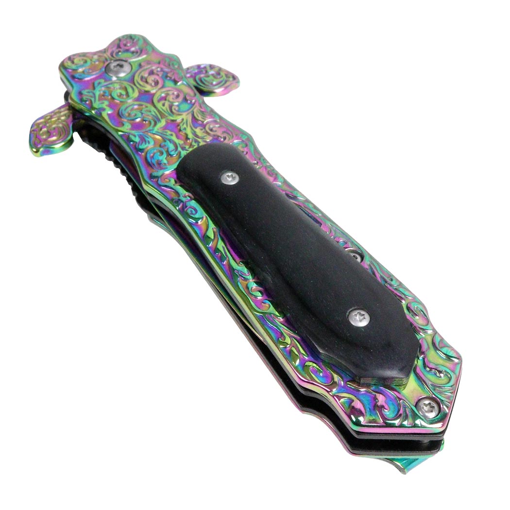 TheBoneEdge 8.5" Rainbow Color Medieval Style Spring Assisted Folding Knife