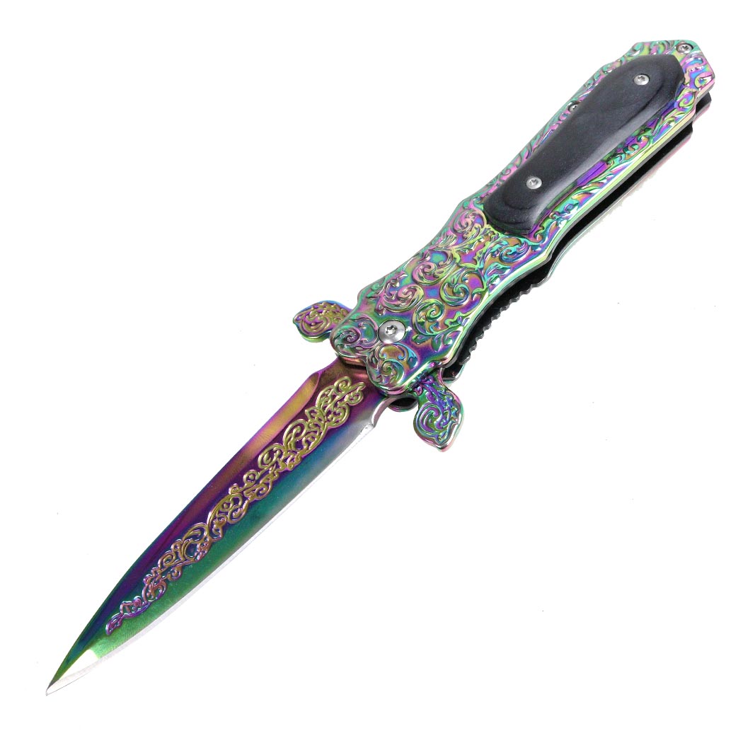 TheBoneEdge 8.5" Rainbow Color Medieval Style Spring Assisted Folding Knife