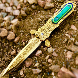TheBoneEdge 8.5" Gold Color Medieval Style Spring Assisted Folding Knife