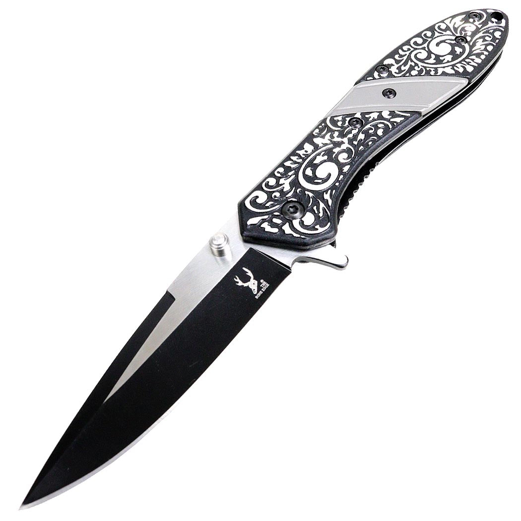 TheBoneEdge 8" Spring Assisted Folding Knife Engraved Handle Design - Grey