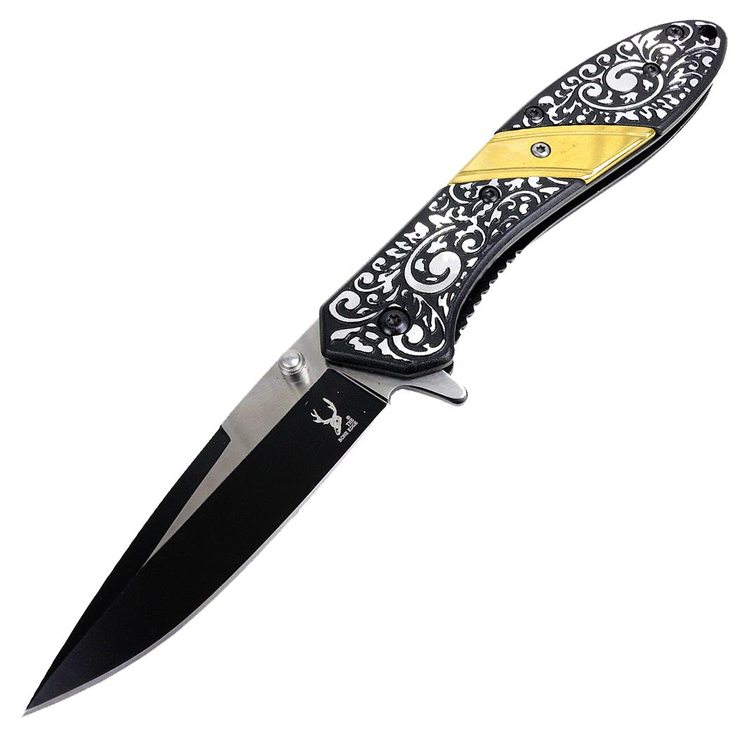 TheBoneEdge 8" Spring Assisted Folding Knife Engraved Handle Design - Gold