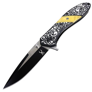 TheBoneEdge 8" Spring Assisted Folding Knife Engraved Handle Design - Gold