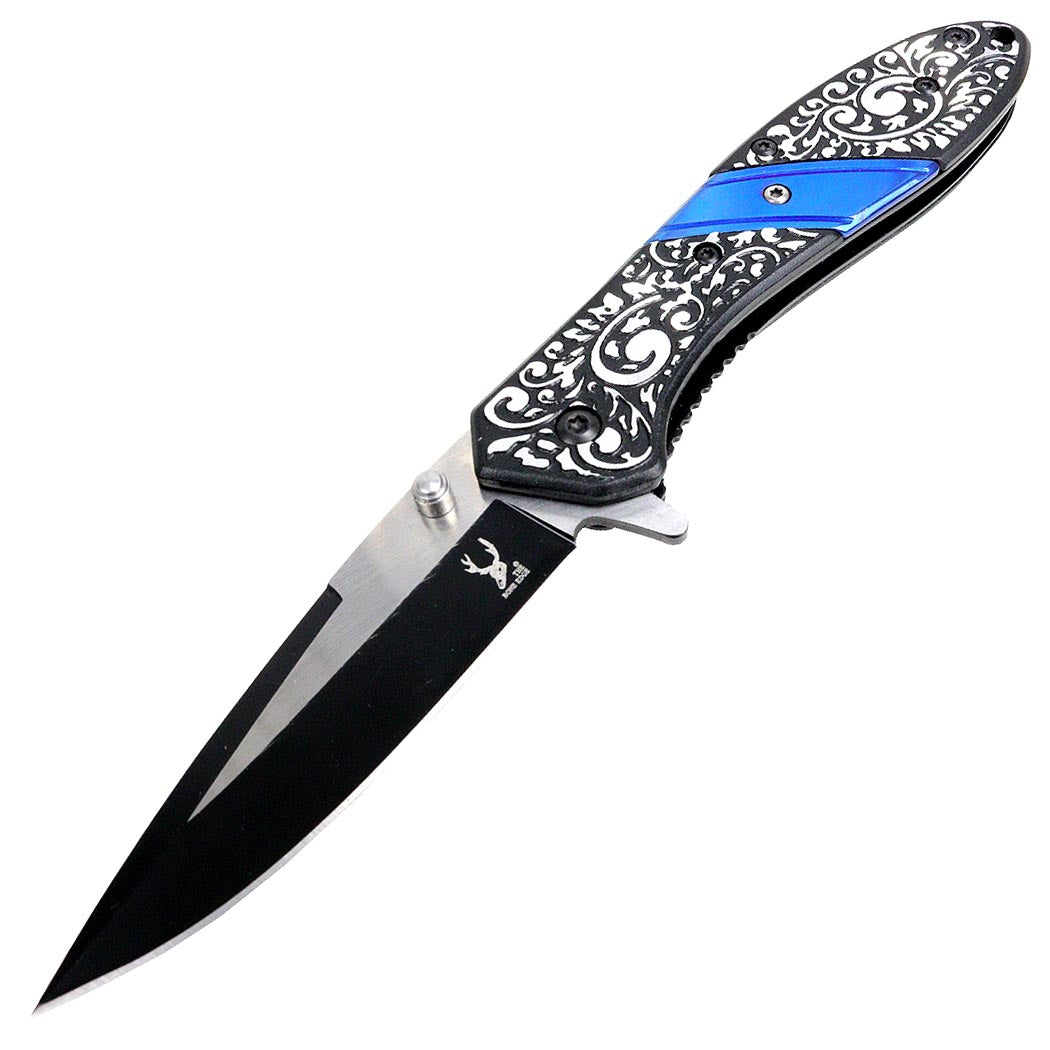 TheBoneEdge 8" Spring Assisted Folding Knife Engraved Handle Design - Blue