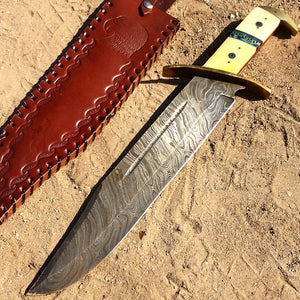 TheBoneEdge 16.5" Damascus Blade Horn Handle Hunting Knives with Leather Sheath