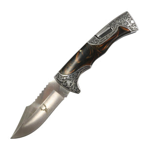 TheBoneEdge 9" Marble Handle Engraved Design Folding Knife 3CR13 Steel
