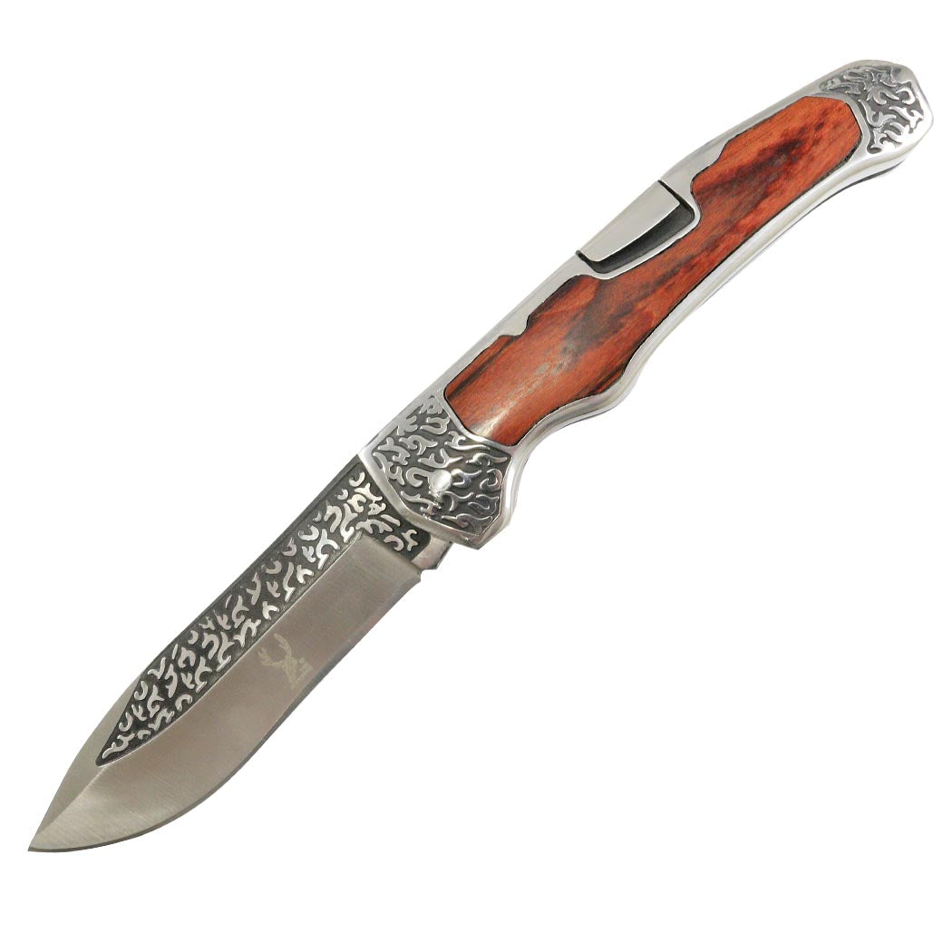 TheBoneEdge Series9 1/4" Wood Handle Engraved Design Folding Knife 3CR13 Steel