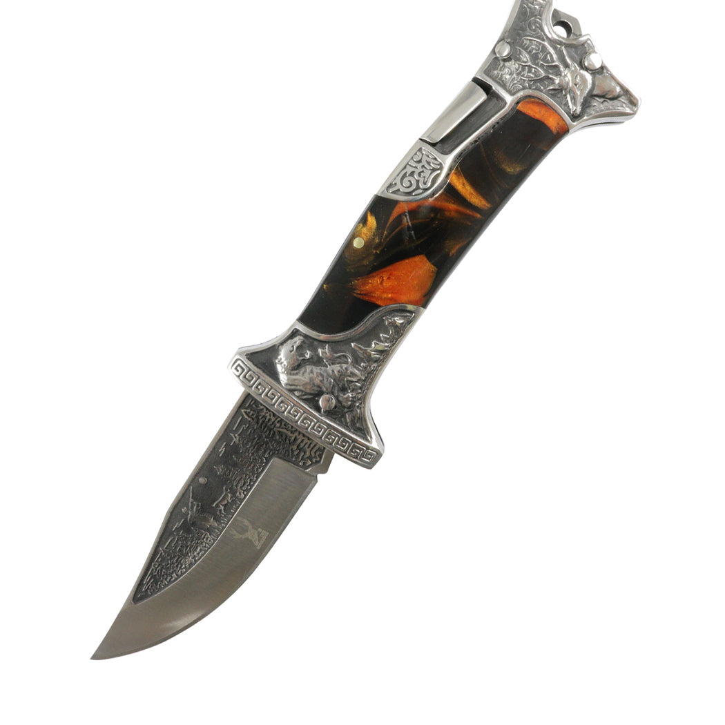 TheBoneEdge Hunter Blade Engraved Design Marble 9" Folding Knife 3CR13 Steel