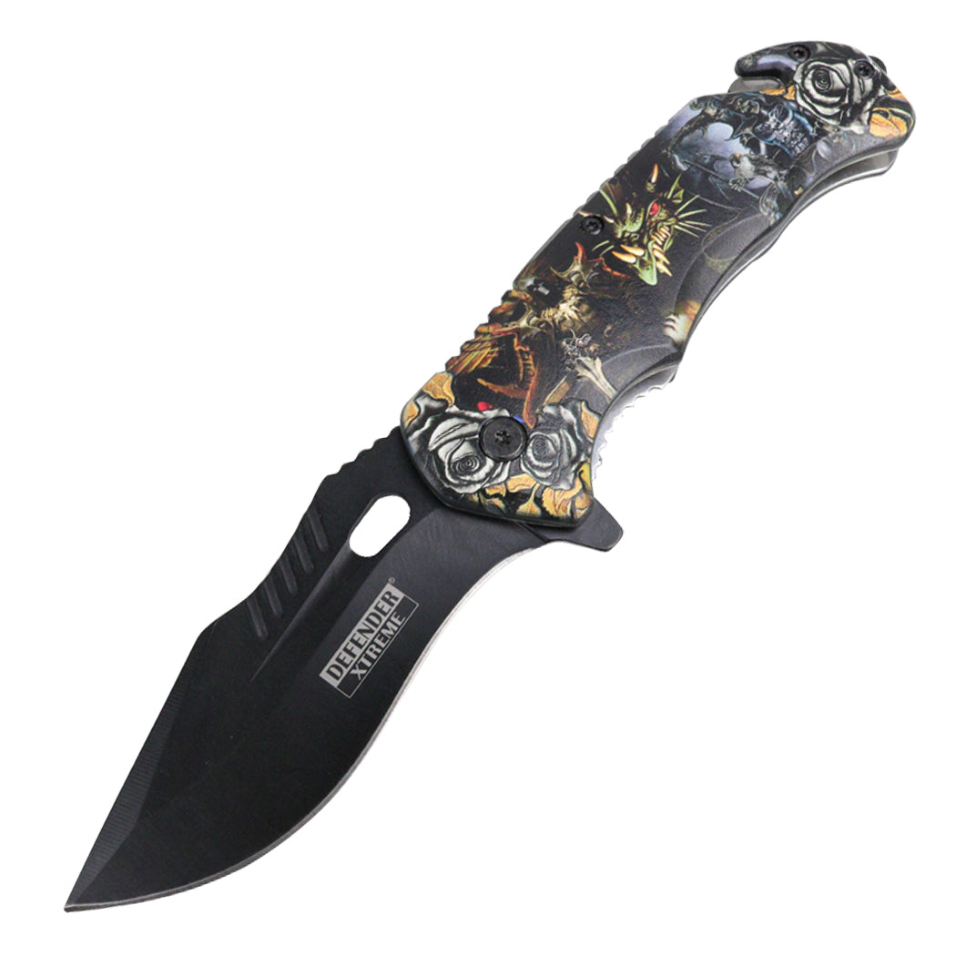 Defender-Xtreme 8.5" Dragon Slayer Spring Assisted Folding Knife With Belt Clip