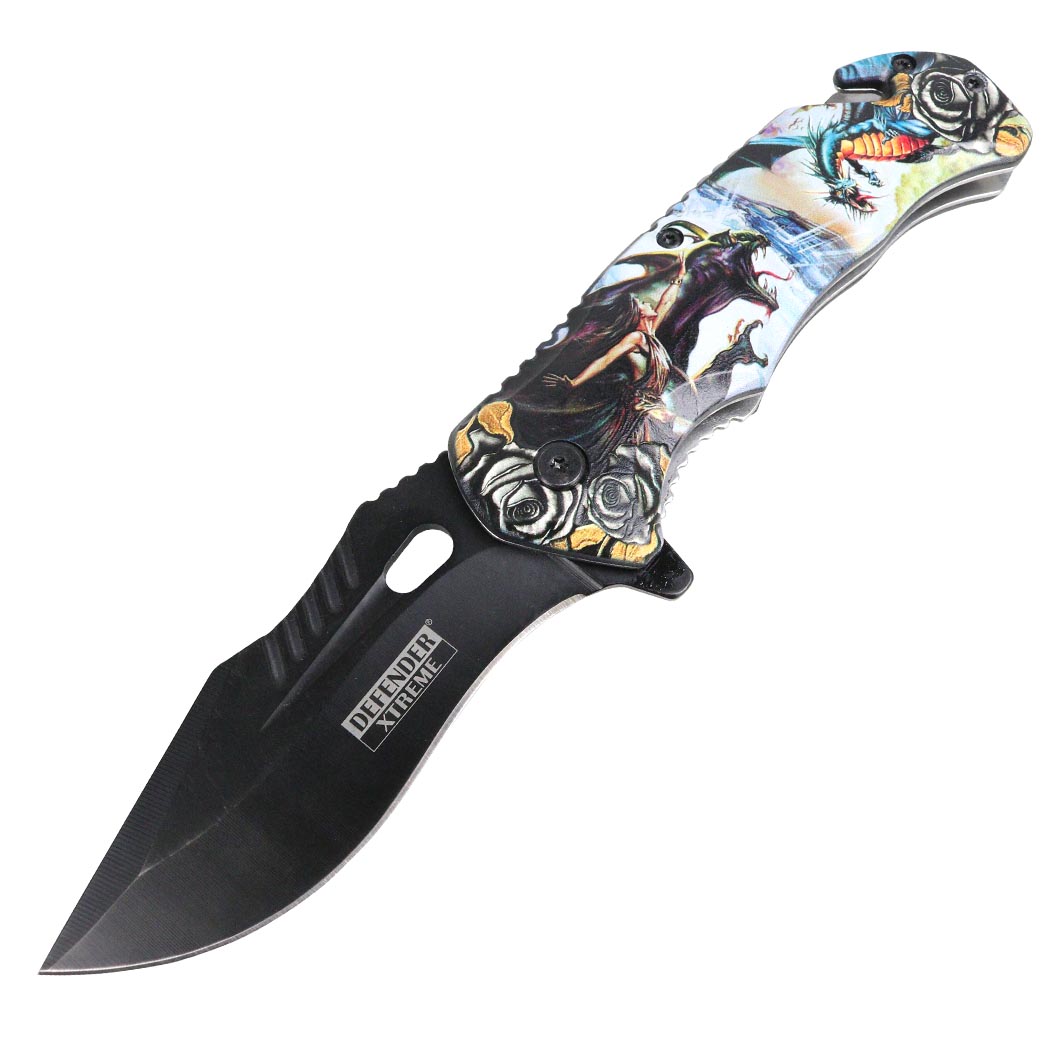 Defender-Xtreme 8.5" Queen Dragon Spring Assisted Folding Knife With Belt Clip