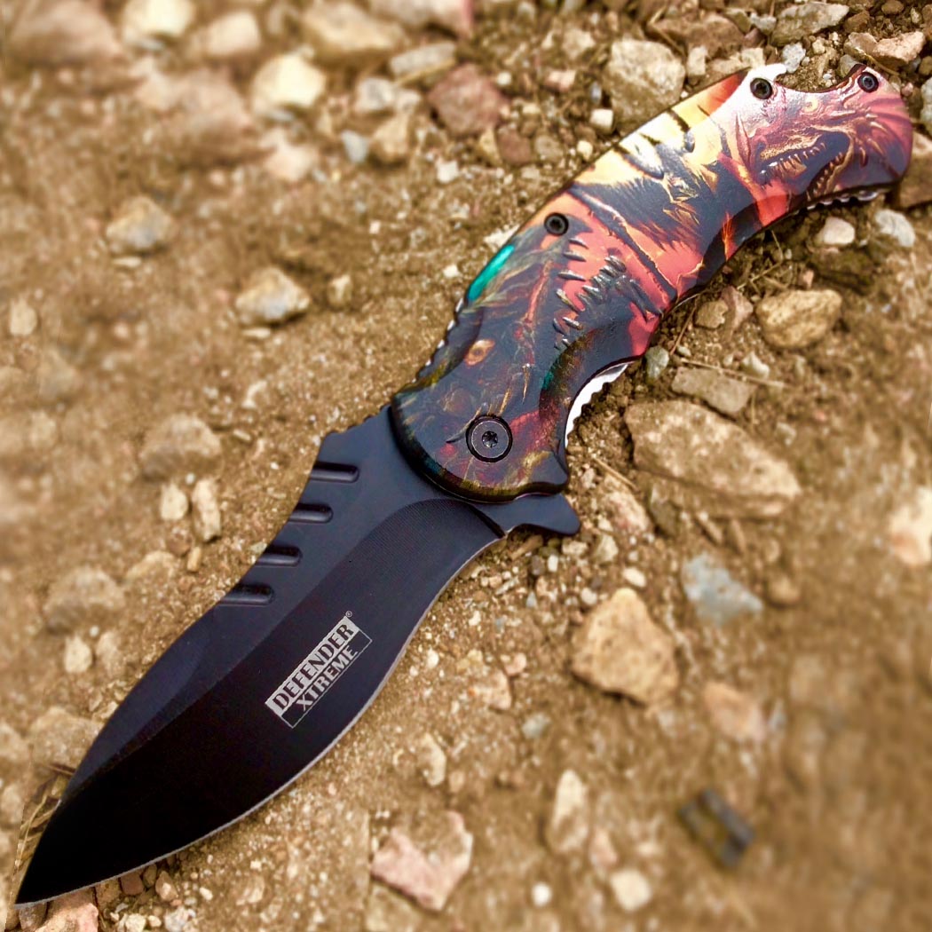 Defender-Xtreme 8.5" Dragon Demon Spring Assisted Folding Knife With Belt Clip