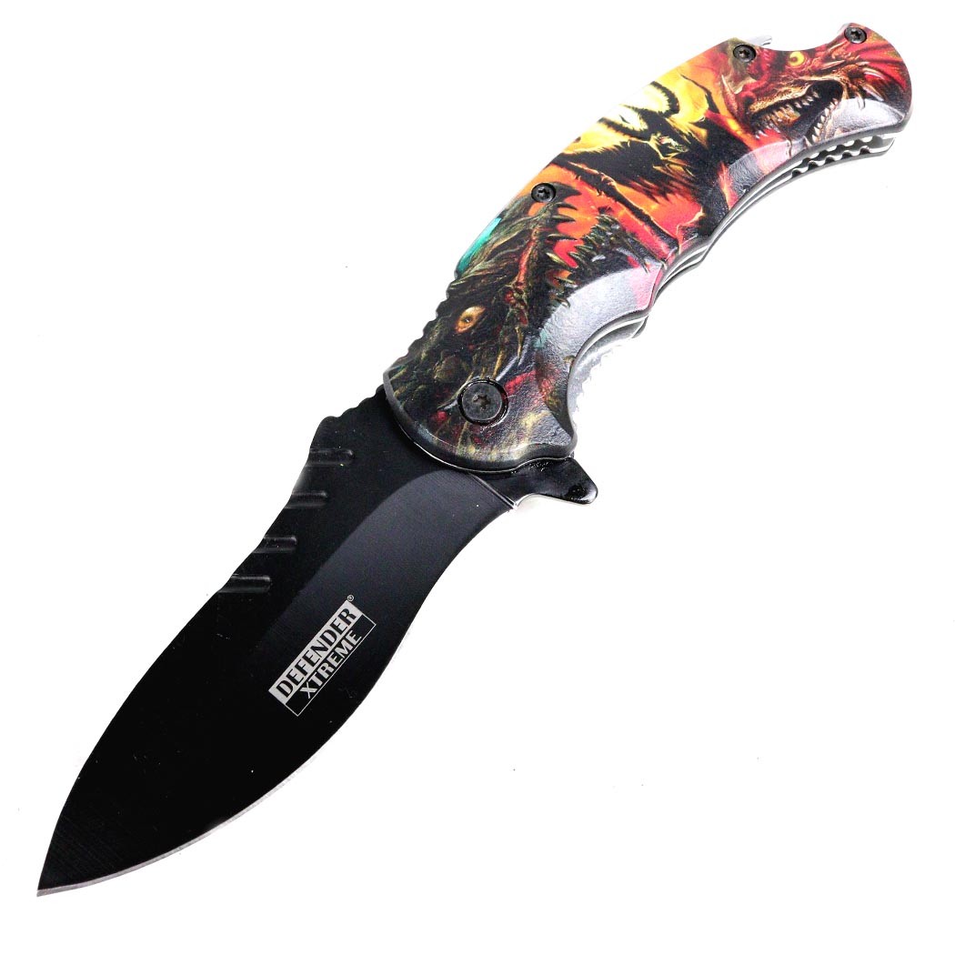 Defender-Xtreme 8.5" Dragon Demon Spring Assisted Folding Knife With Belt Clip