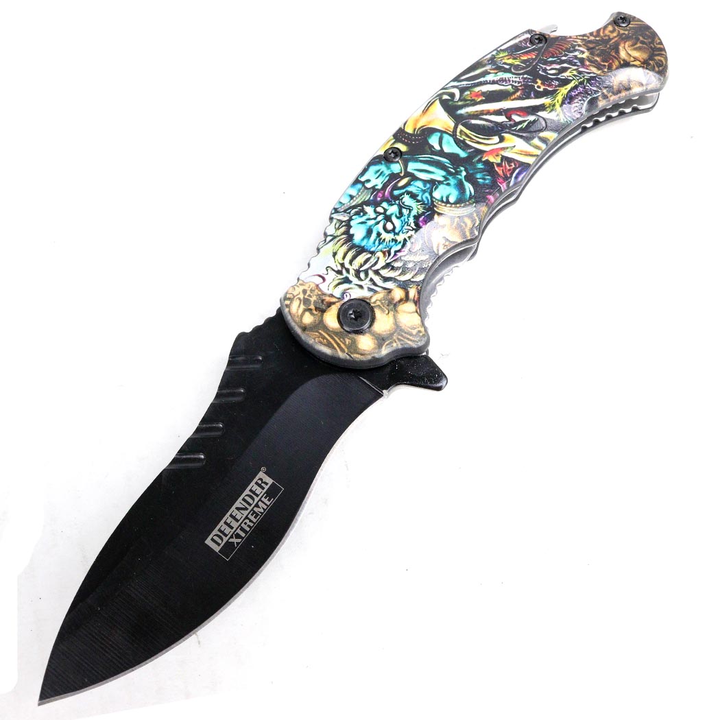 Defender-Xtreme 8.5" Devil Warrior Spring Assisted Folding Knife With Belt Clip