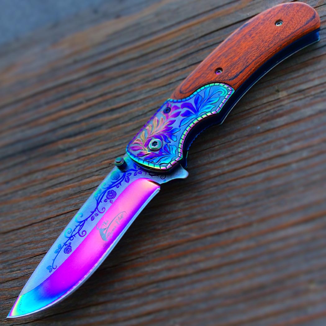 TheBoneEdge 8.5 Titanium Coating Packawood Handle Spring Assisted Folding Knife