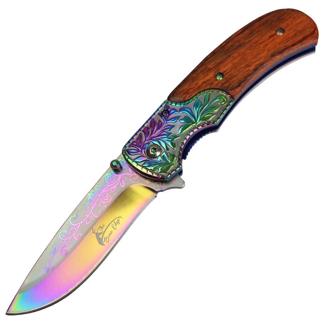 TheBoneEdge 8.5 Titanium Coating Packawood Handle Spring Assisted Folding Knife