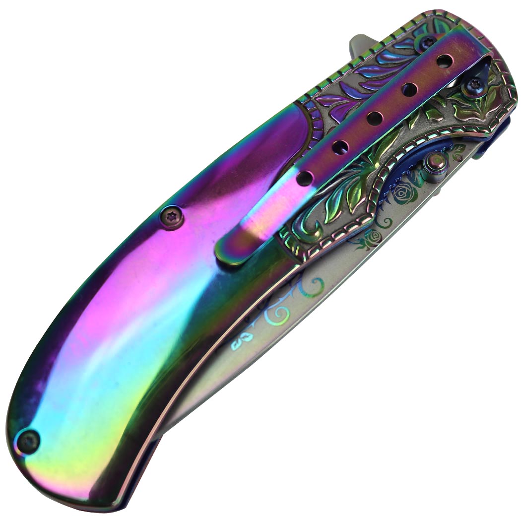 TheBoneEdge 8.5 Titanium Coating Packawood Handle Spring Assisted Folding Knife