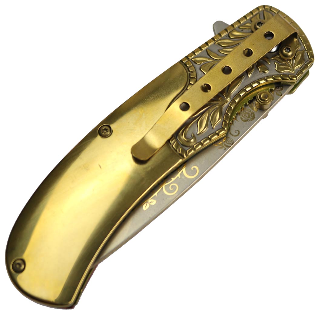 TheBoneEdge 8.5" Gold Coating Packawood Handle Spring Assisted Folding Knife New