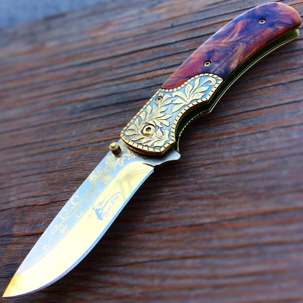 TheBoneEdge 8.5" Pearl Brown Handle Gold Coating Spring Assisted Folding Knife