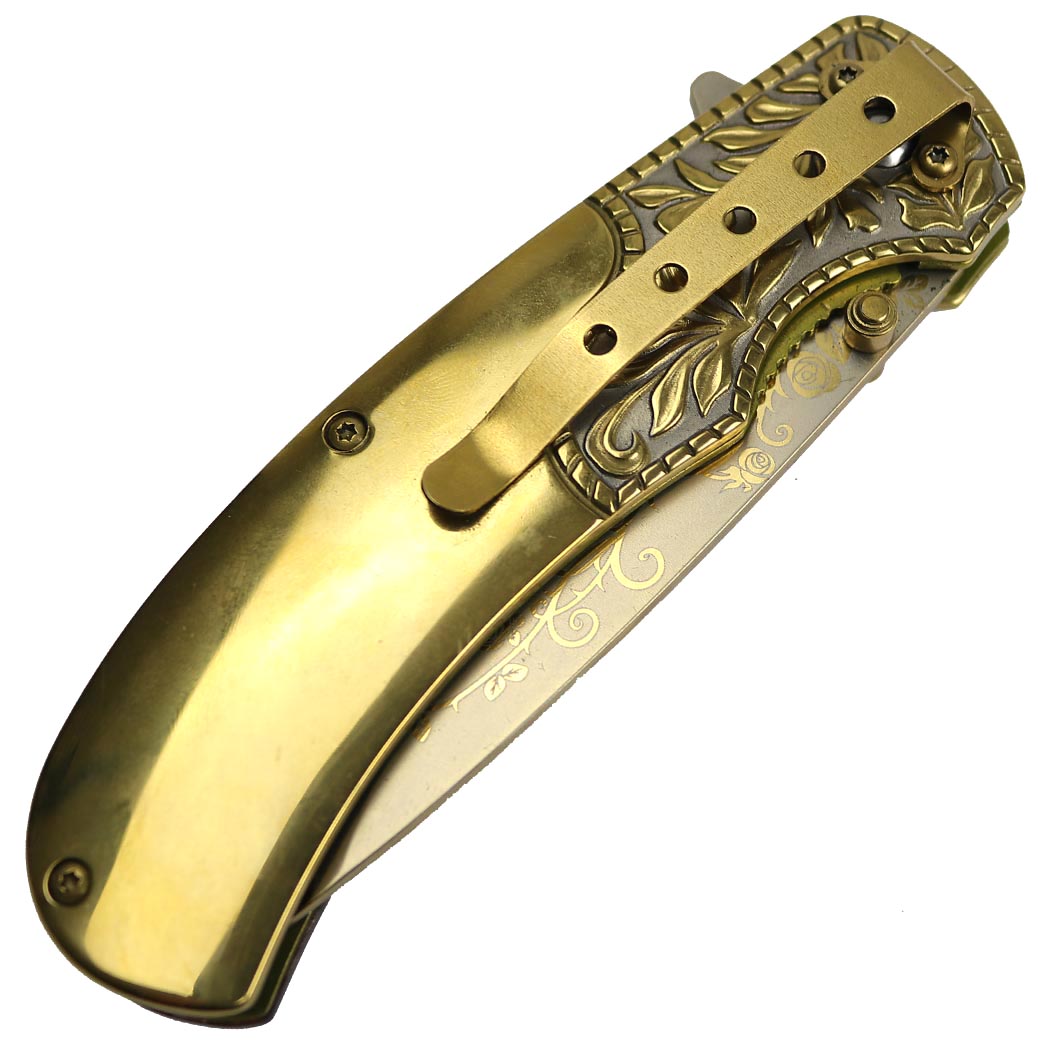 TheBoneEdge 8.5" Pearl Brown Handle Gold Coating Spring Assisted Folding Knife