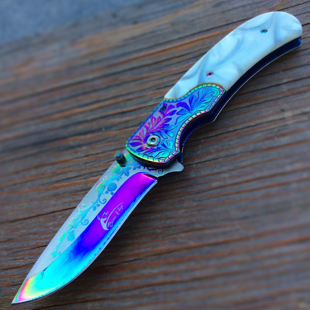 TheBoneEdge 8.5" Pearl White Handle Titanium Coating Blade Spring Assisted Knife