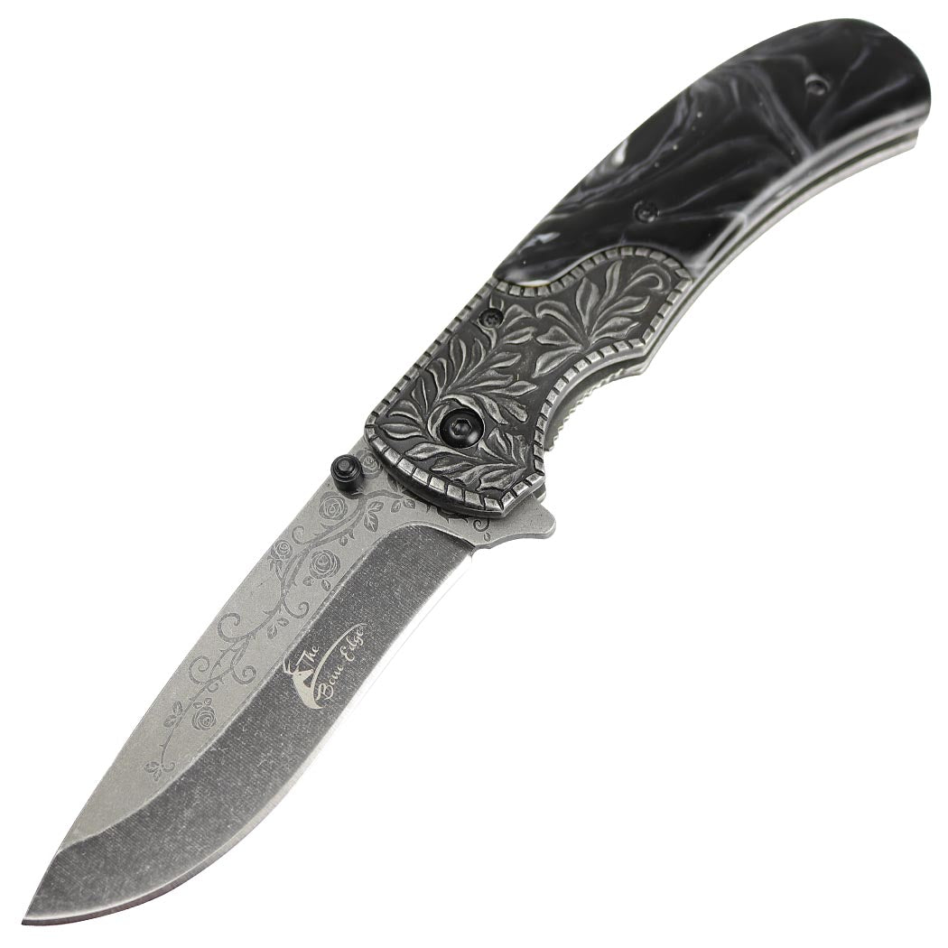 TheBoneEdge 8.5" Pearl Blk Handle Stone Wash Blade Spring Assisted Folding Knife