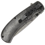 TheBoneEdge 8.5" Pearl Blk Handle Stone Wash Blade Spring Assisted Folding Knife