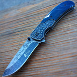 TheBoneEdge 8.5" Pearl Blk Handle Stone Wash Blade Spring Assisted Folding Knife