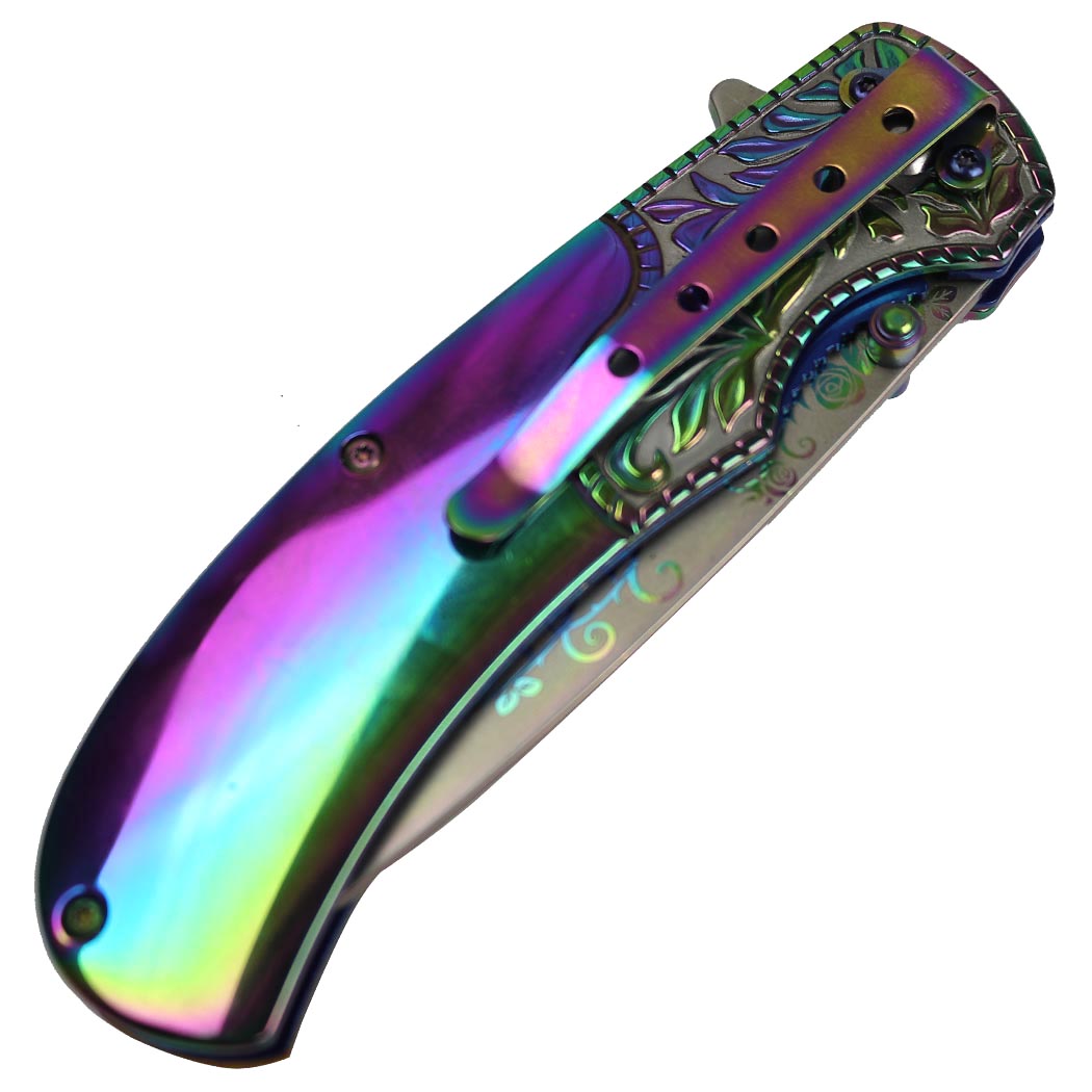 TheBoneEdge 8.5" Titanium Coated Packawood Handle Spring Assisted Folding Knife