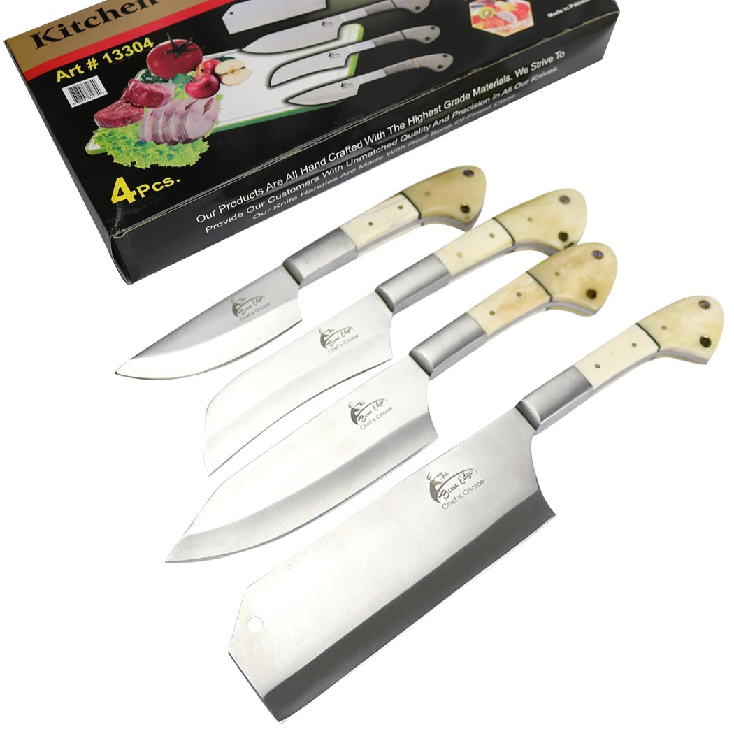 TheBoneEdge 4 Pc Chef's Kitchen Knives Set Bone Handle Hand Made Full Tang Steel