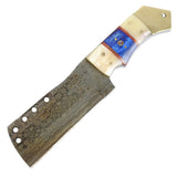 TheBoneEdge 9.5" Full Tang Damascus Blade Bone Handle Cleaver Style Hunting Knife