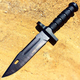 Hunt-Down 12.5" All Black Hunting Knife 3CR13 Stainless Steel Rubber Grip Handle